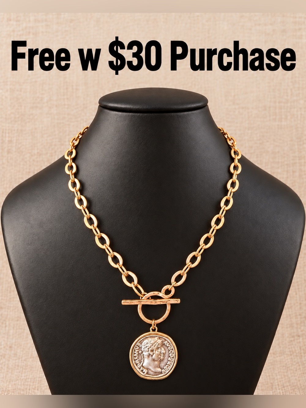 FREE w $30 Purchase| Gold Tone Double Side Coin Toggle Necklace Oval Cable Chain